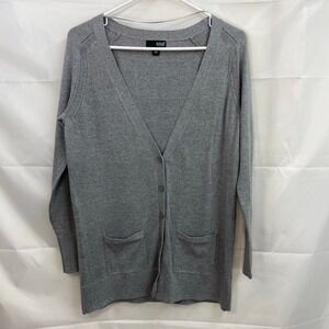 A.N.A. women's gray button front pocket long deep v-neck casual cardigan sweater